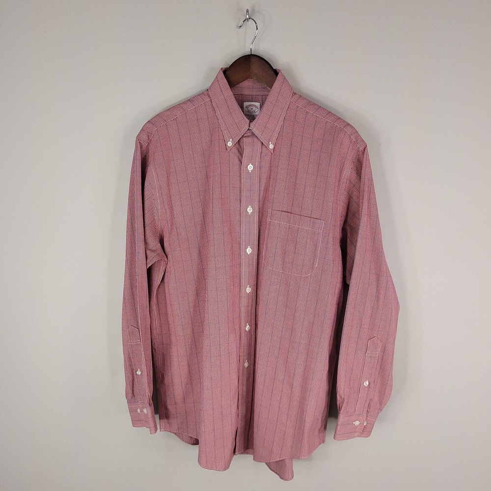 Brooks Brothers Shirt Mens Medium Red Blue Plaid Cotton Button Down Non-Iron